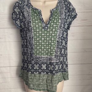 Lucky Brand Size Small Green & Blue Bohemian Floral Blouse